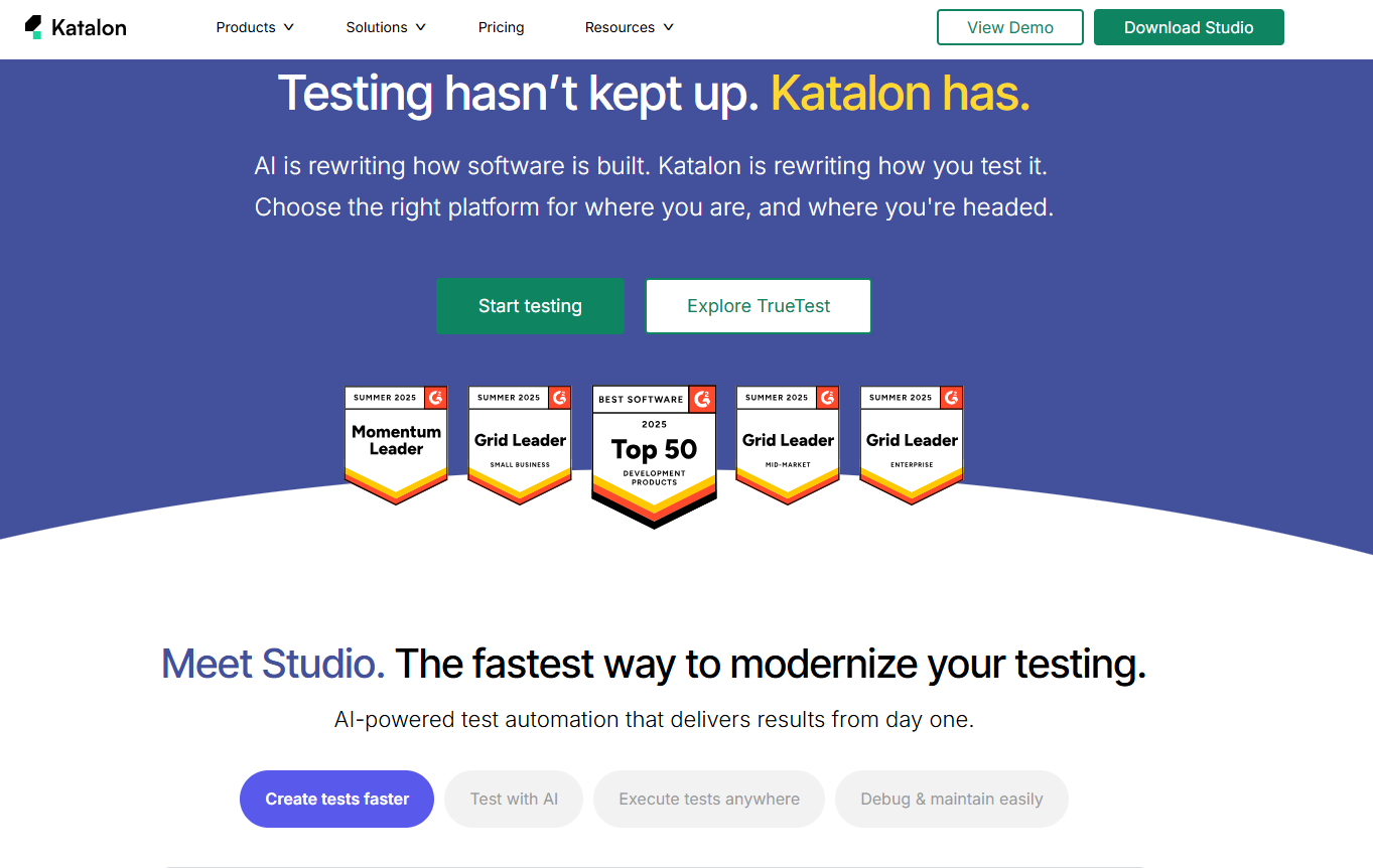 Screenshot of Katalon homepage.