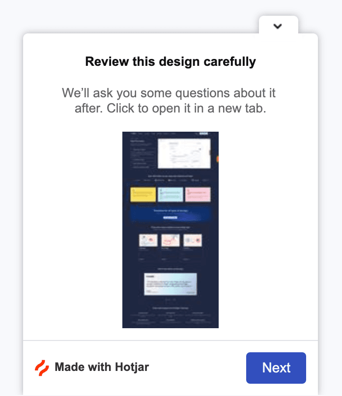 This example prompt from Hotjar asks to carefully review a design.