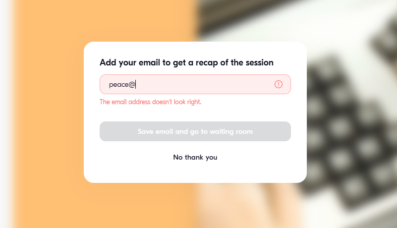 Example of email signup failing because of a validation error.