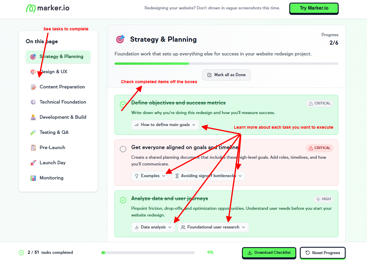 A screenshot of Marker.io's website redesign checklist with the different steps and tips that go into a website redesign.