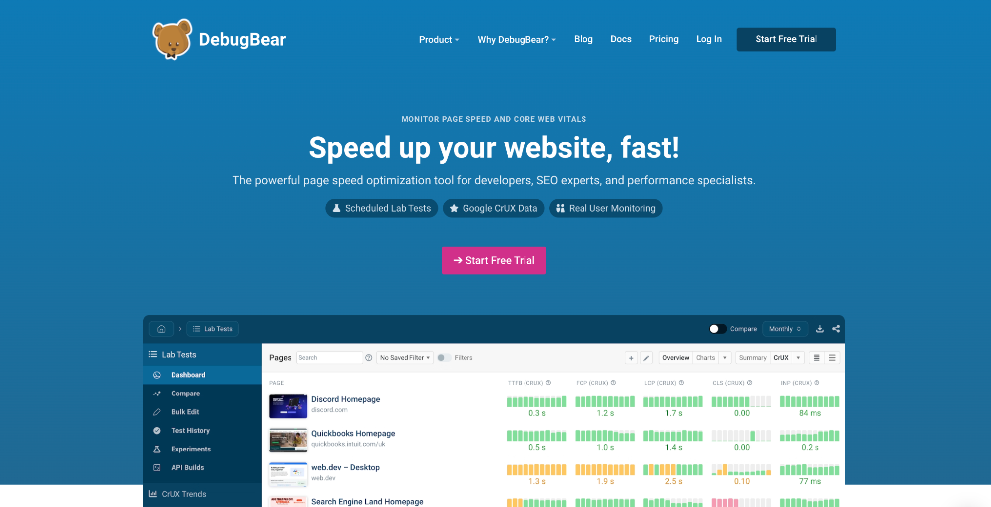 Screenshot of DebugBear homepage