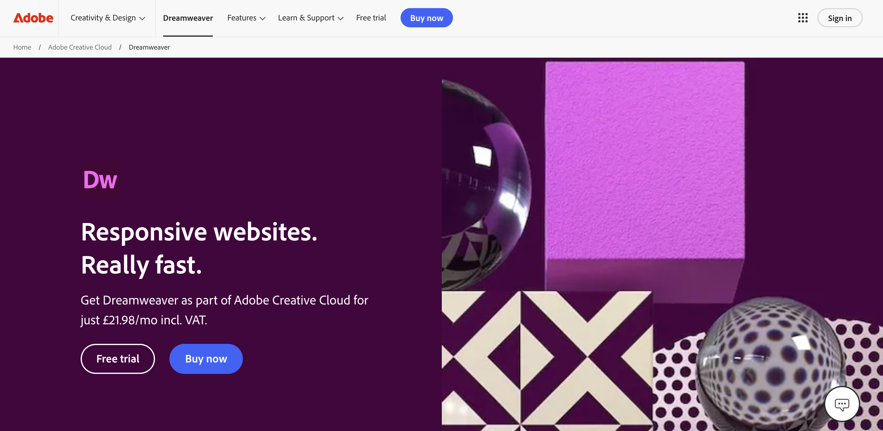 Screenshot of Adobe Dreamweaver homepage