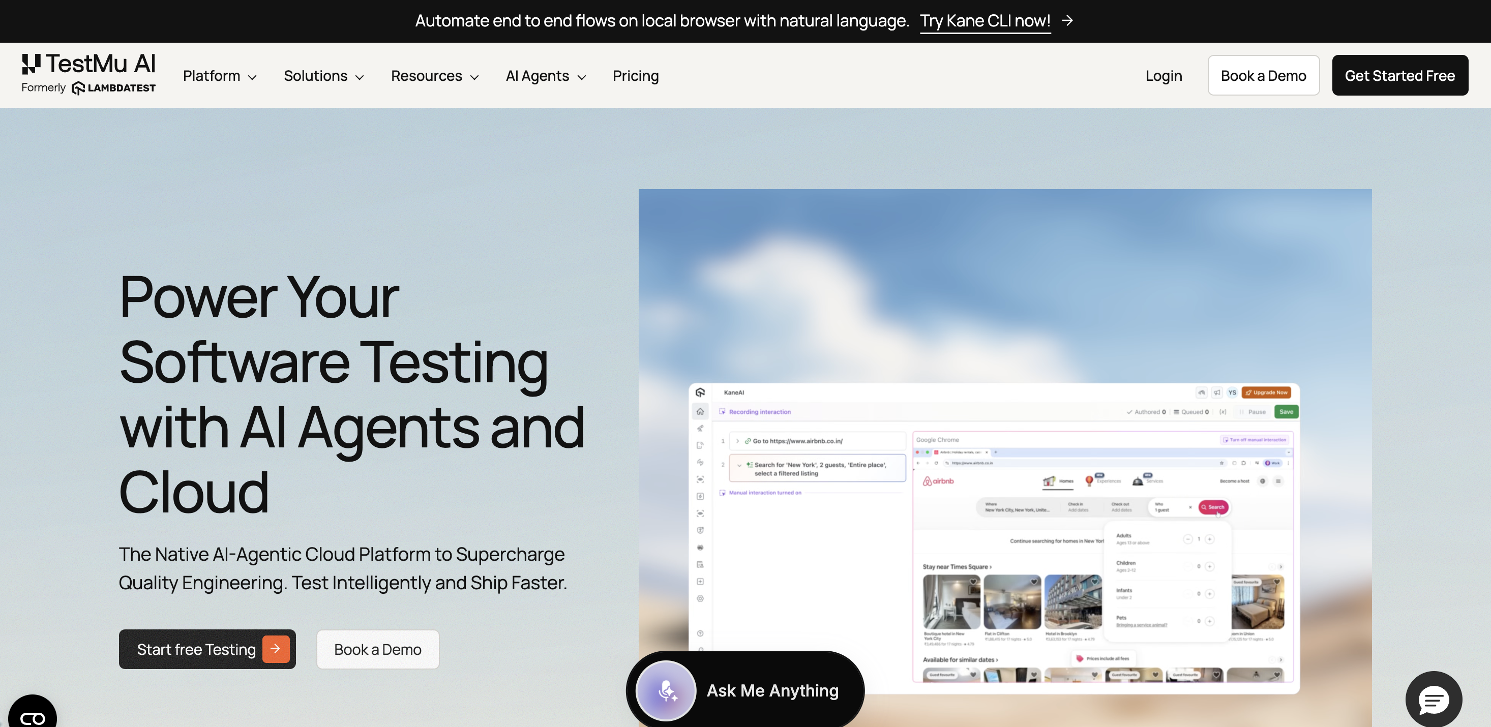 Screenshot of TestMu homepage.