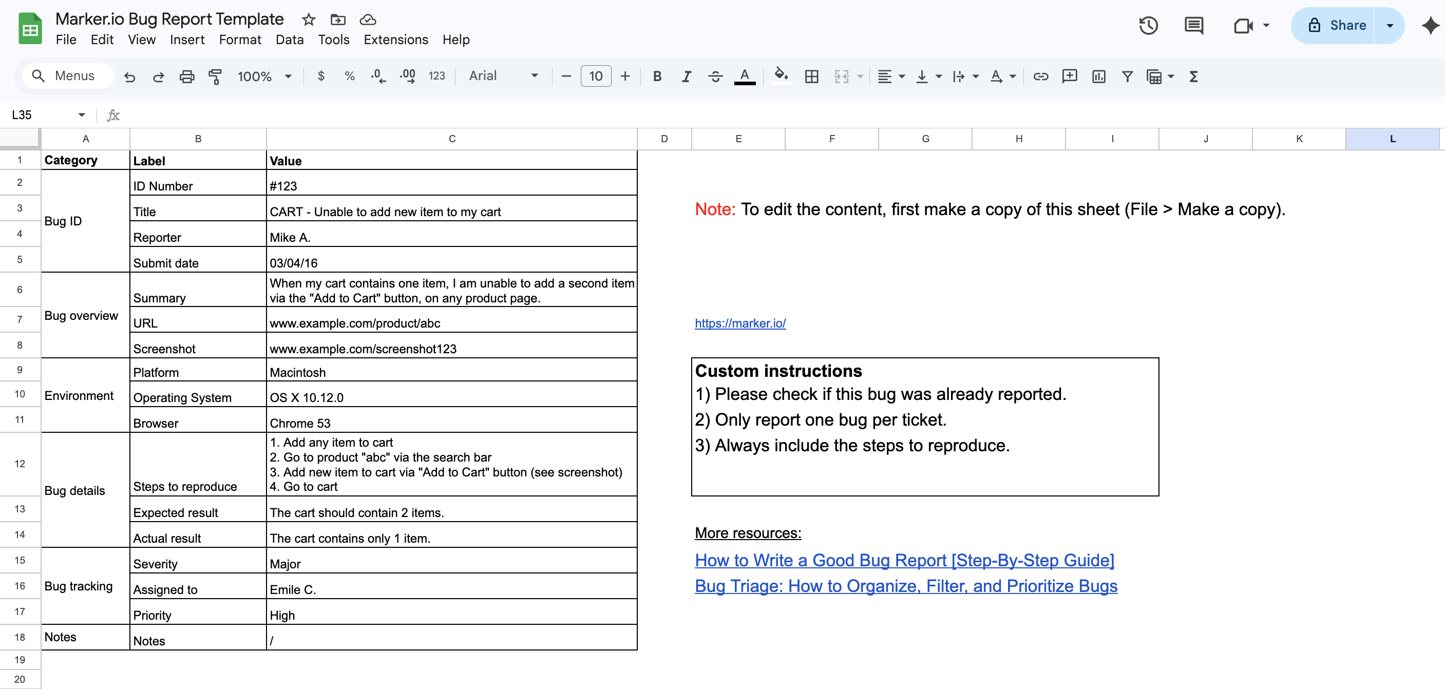 Bug report template