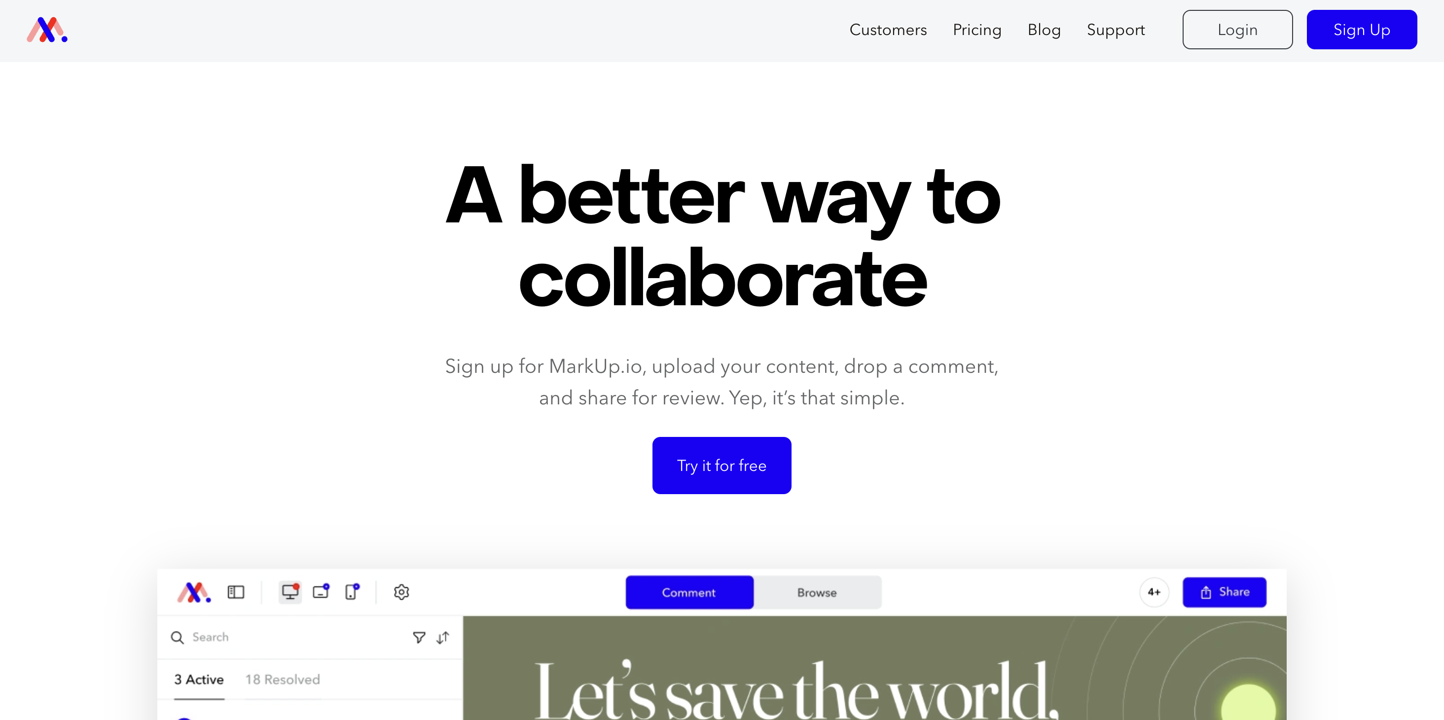 Screenshot of MarkUp.io homepage