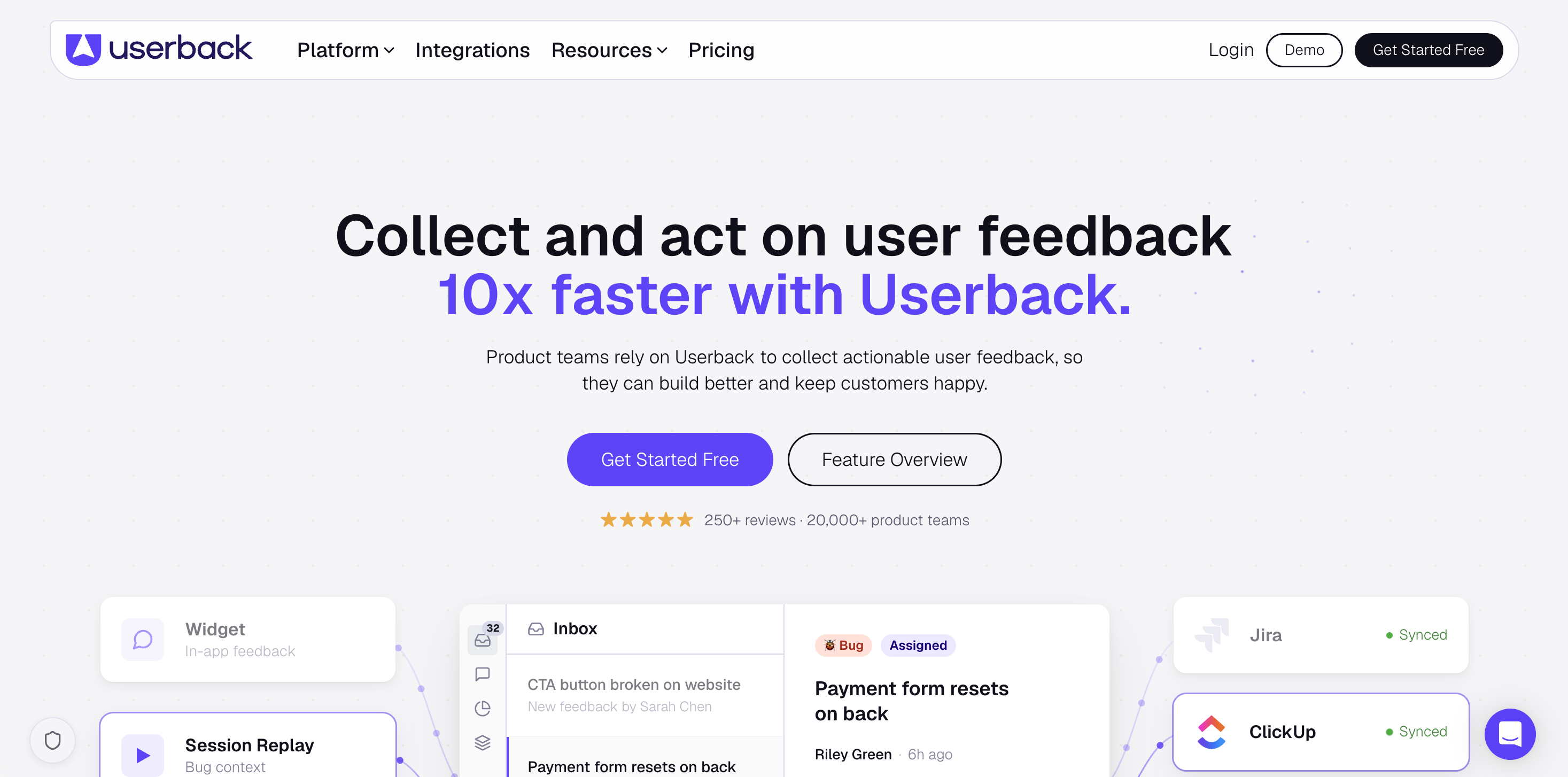 Screenshot of Userback homepage