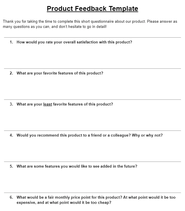 product feedback template