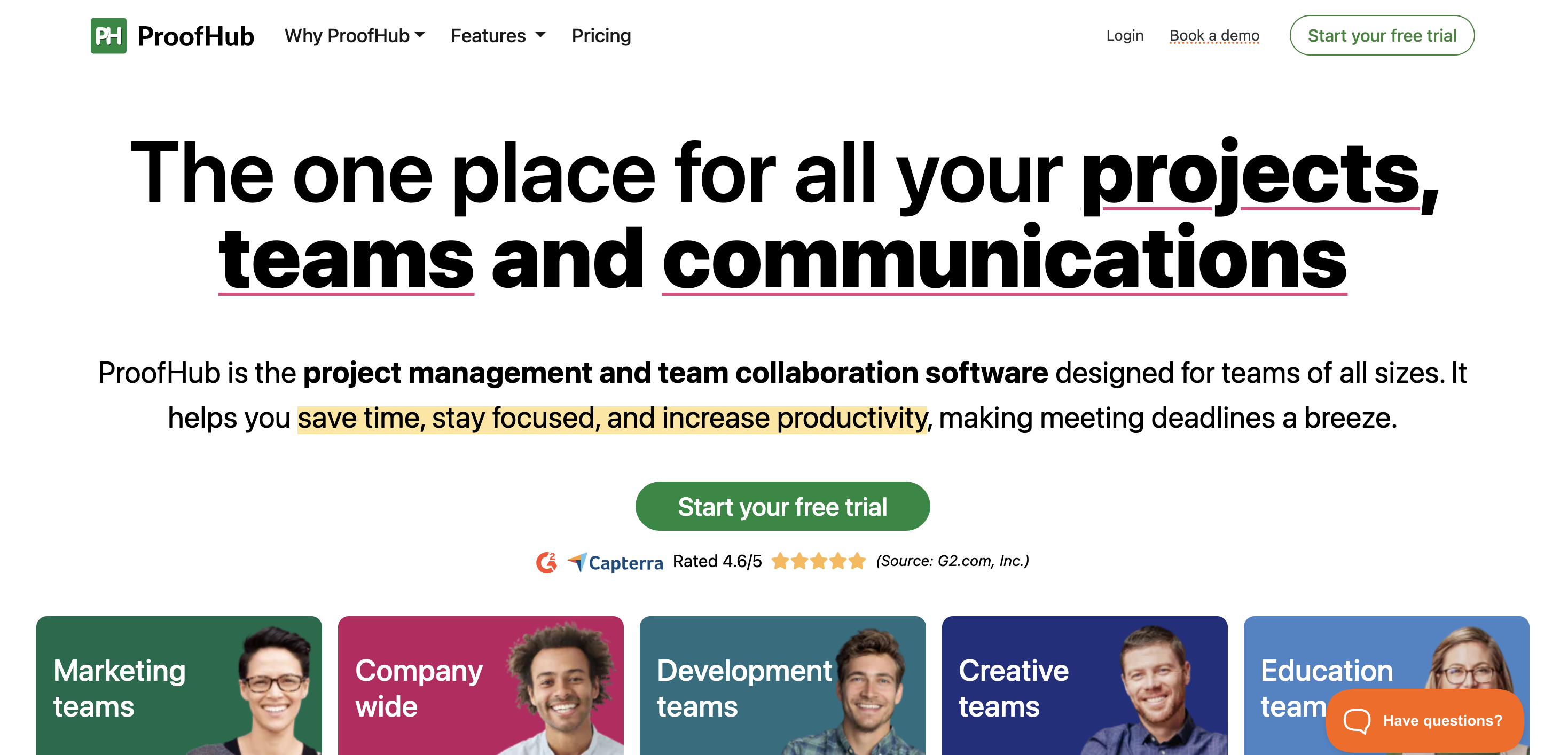 Screenshot of ProofHub homepage.