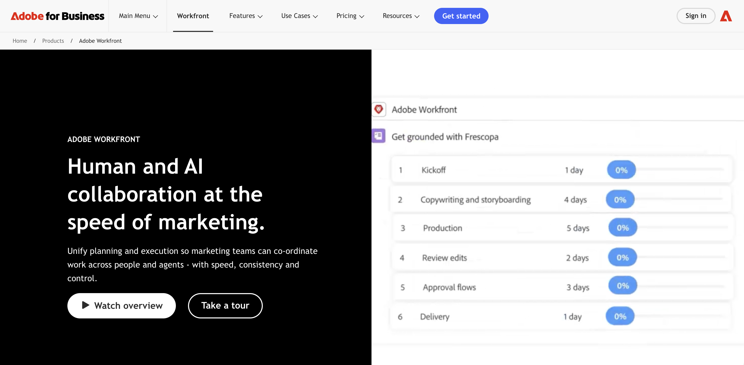 Screenshot of Adobe Workfront landing page.