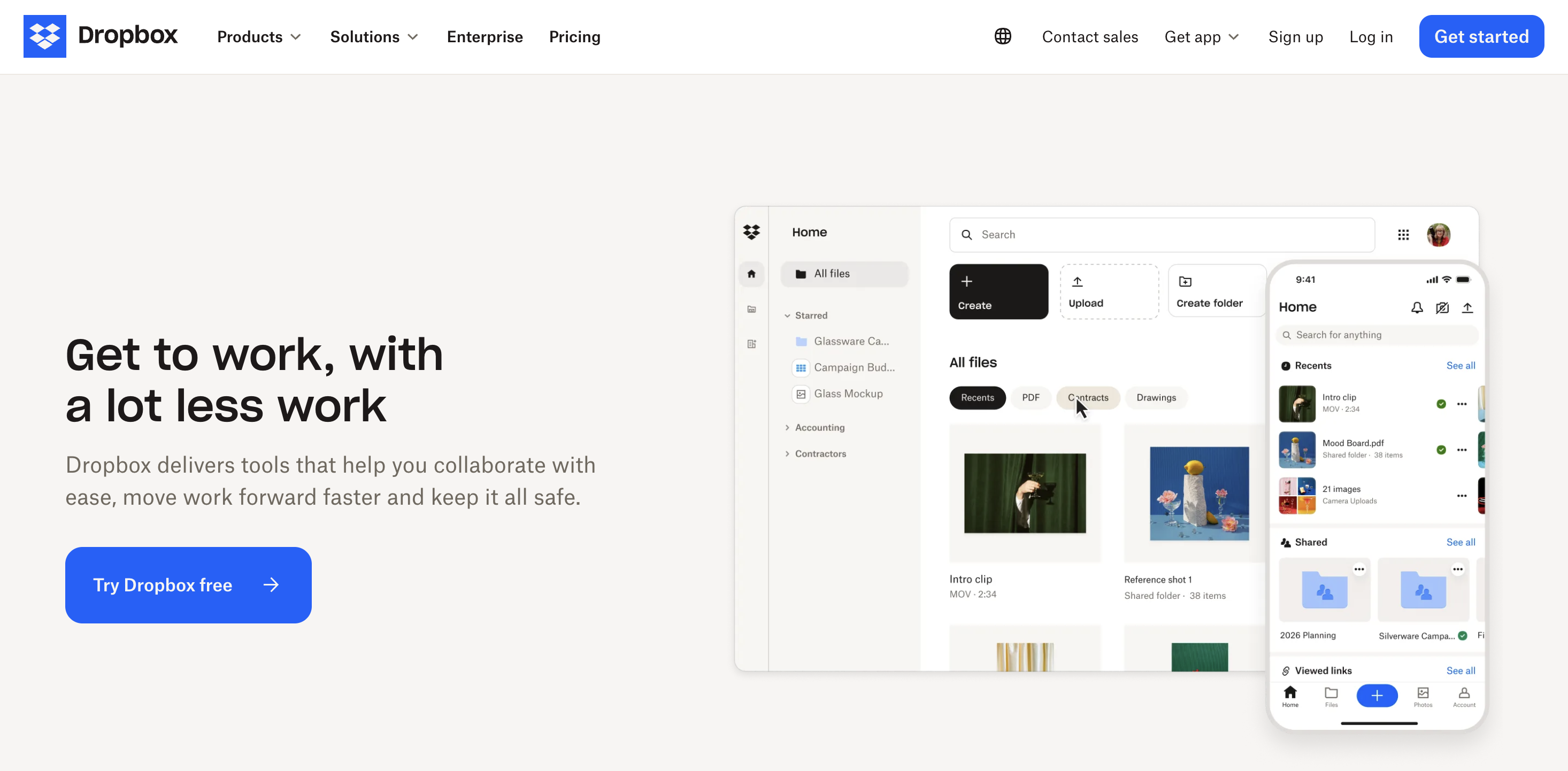 Screenshot of Dropbox homepage.