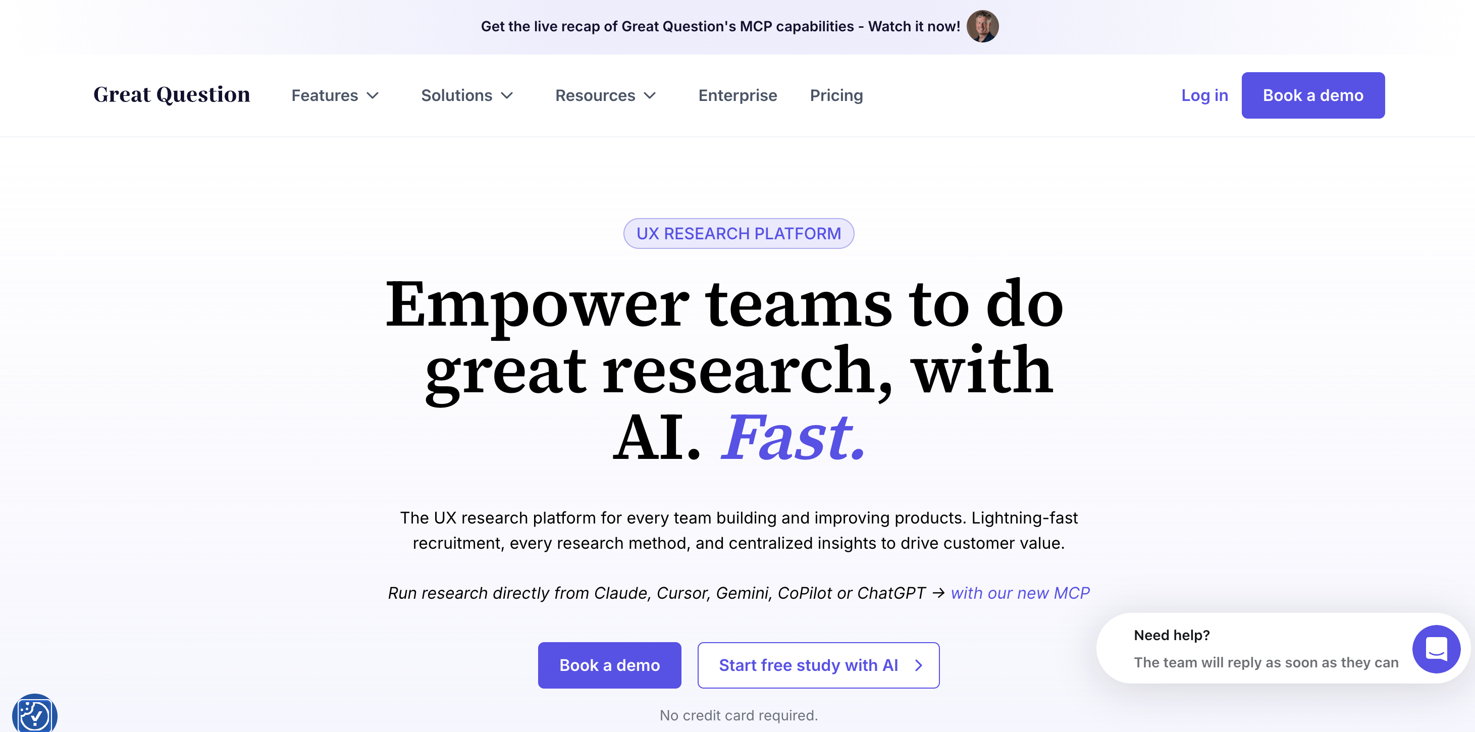 Screenshot of Great Question homepage.
