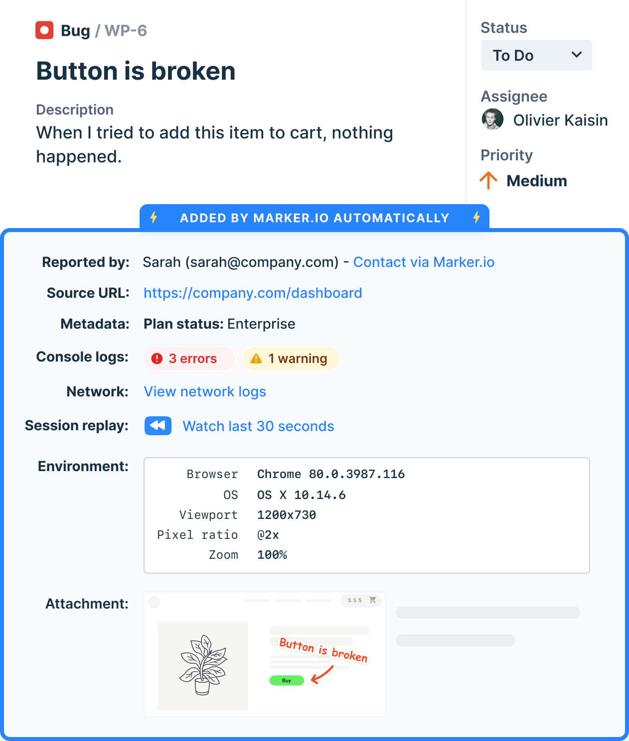 Marker.io screen showing technical details