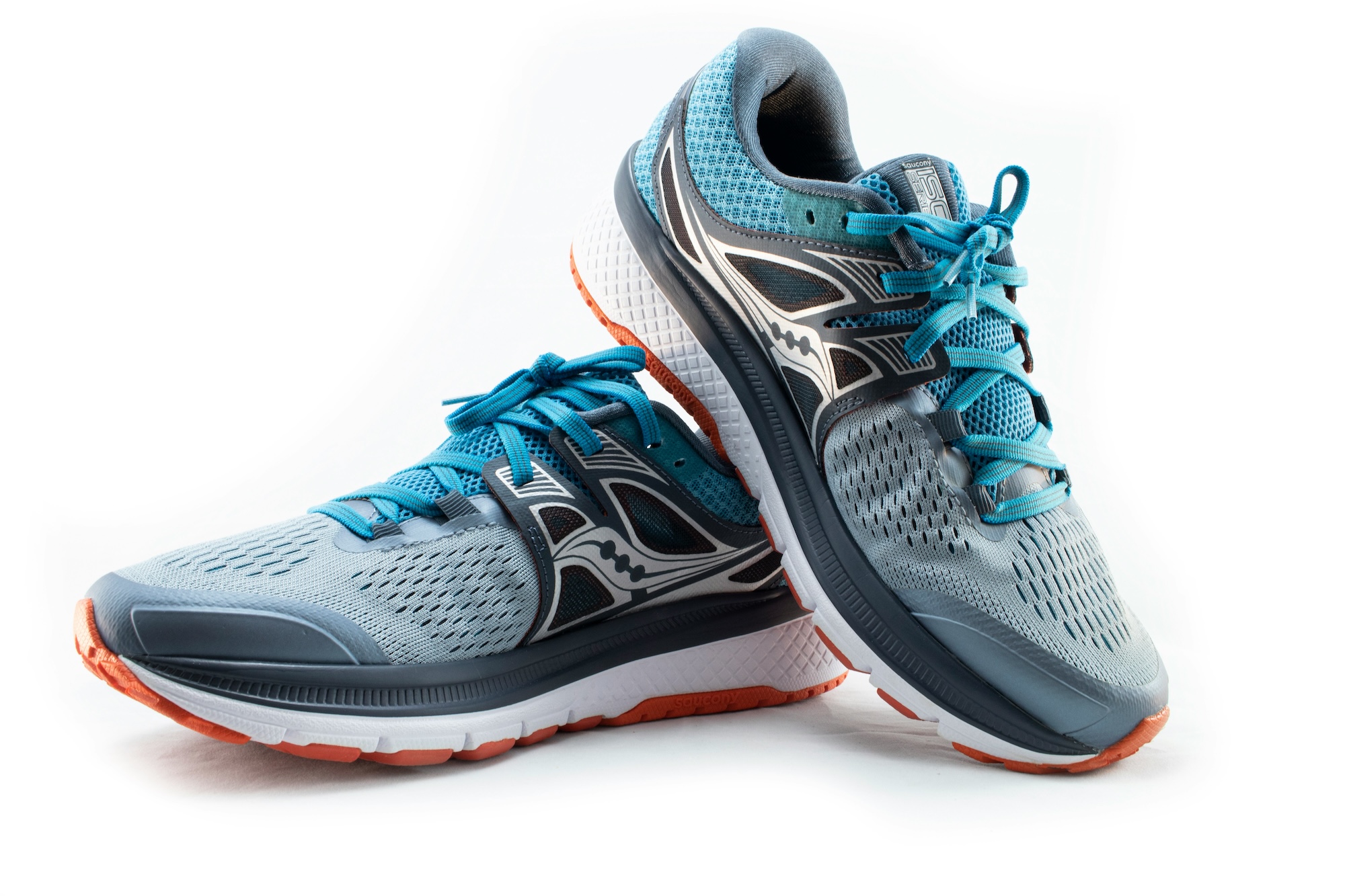 Silver and blue running sneakers with white and orange sole, reflective strip and blue laces.