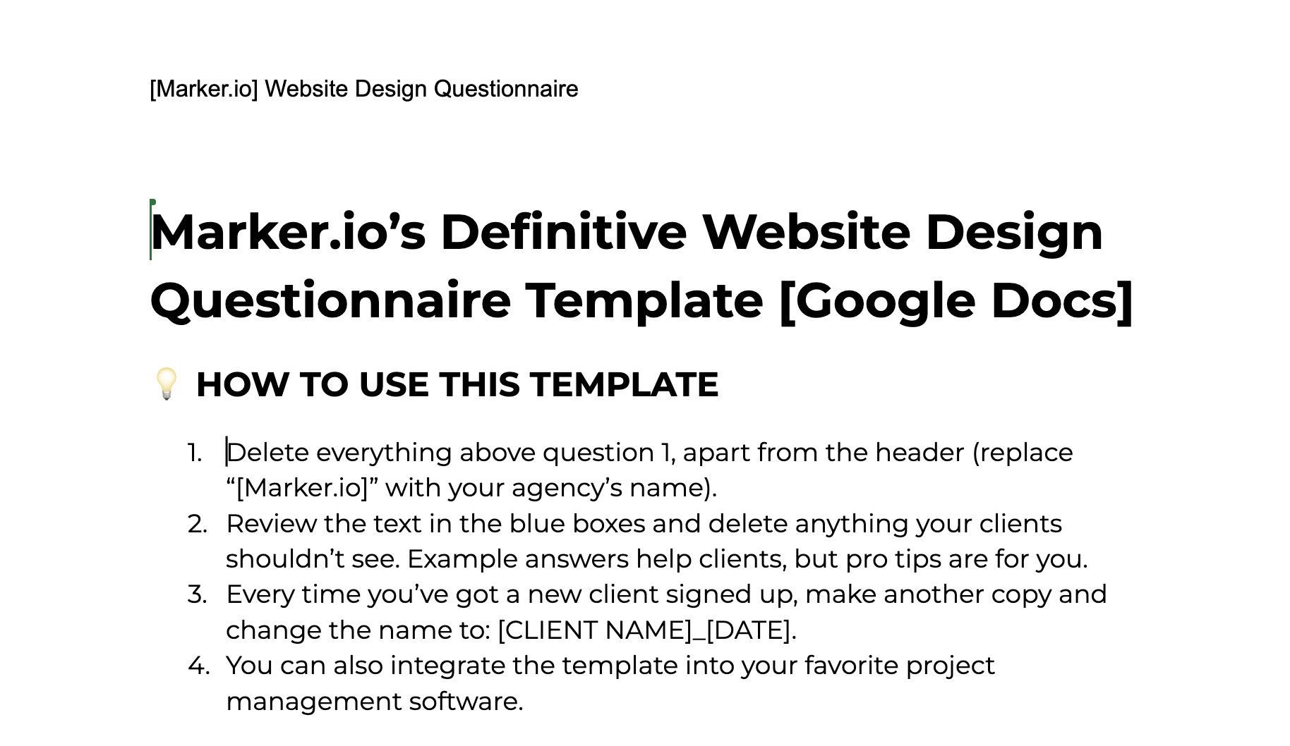 A sample of Marker.io's website design questionnaire.