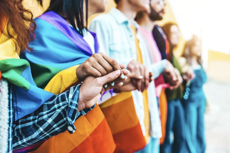 Friends draped in rainbow pride flags holding hands