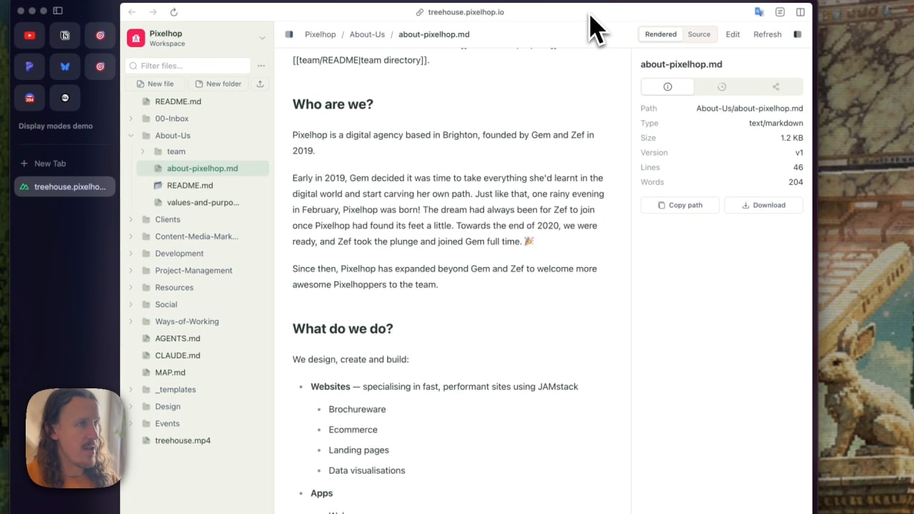 The Treehouse web application showing a sidebar with files and a central markdown editor.