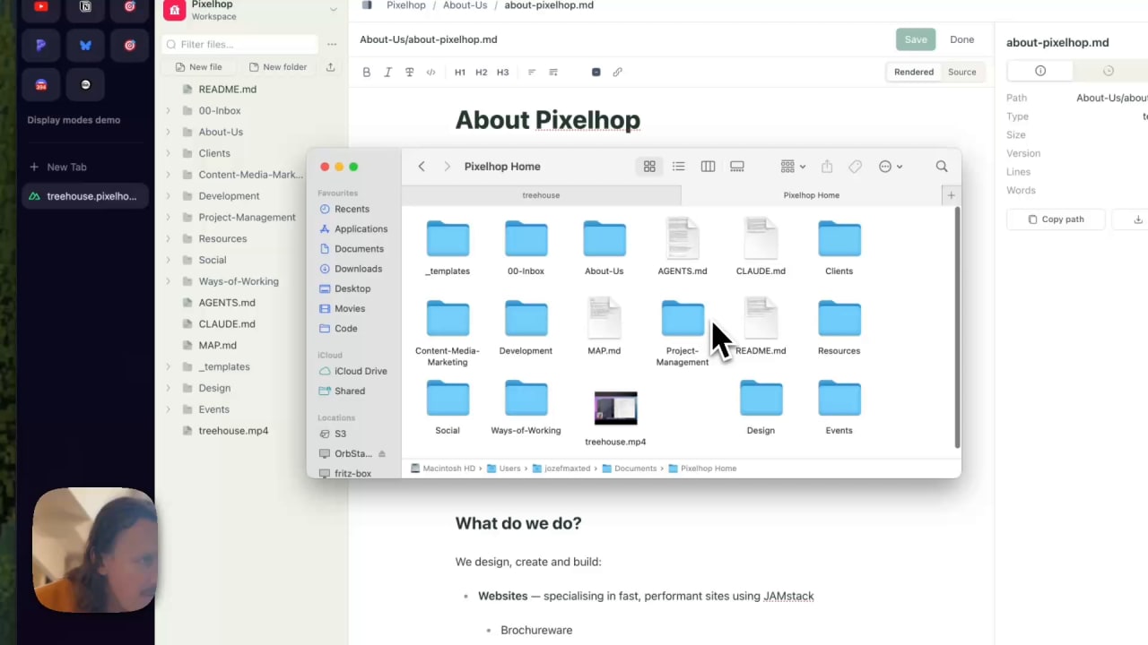 A macOS Finder window showing folders and markdown files that match the web UI.