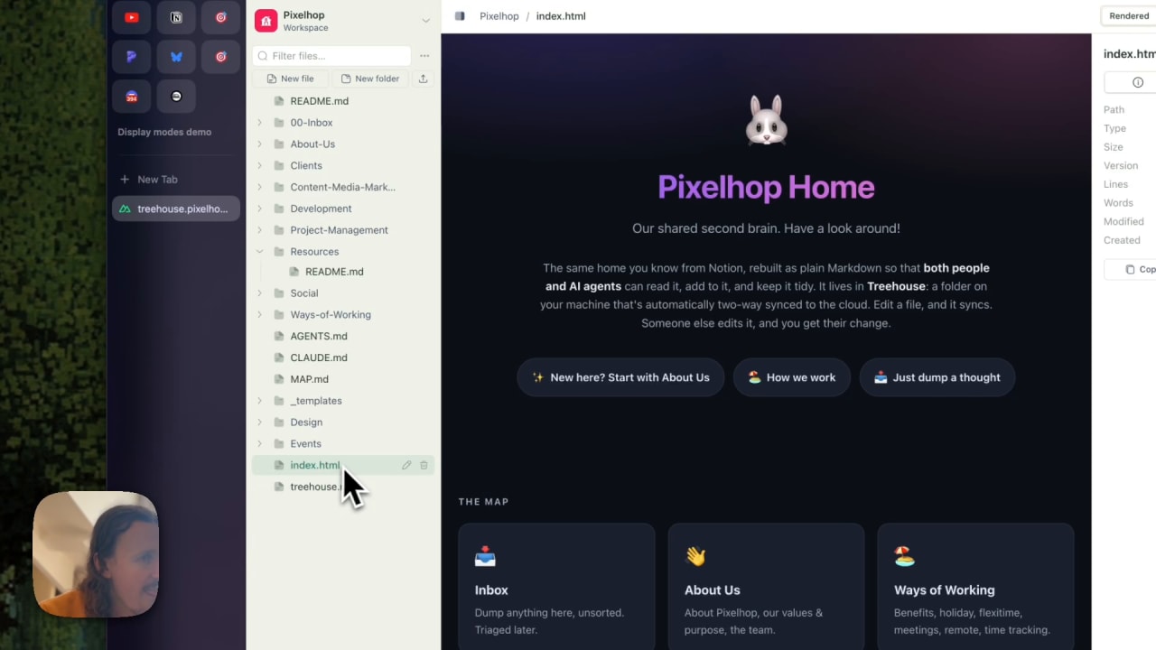 The Treehouse interface rendering a dark-themed HTML landing page with a rabbit logo.