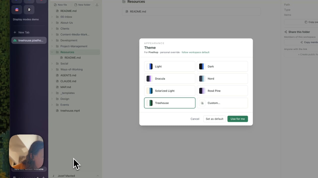 A theme selection modal in the Treehouse app showing various color palette options.