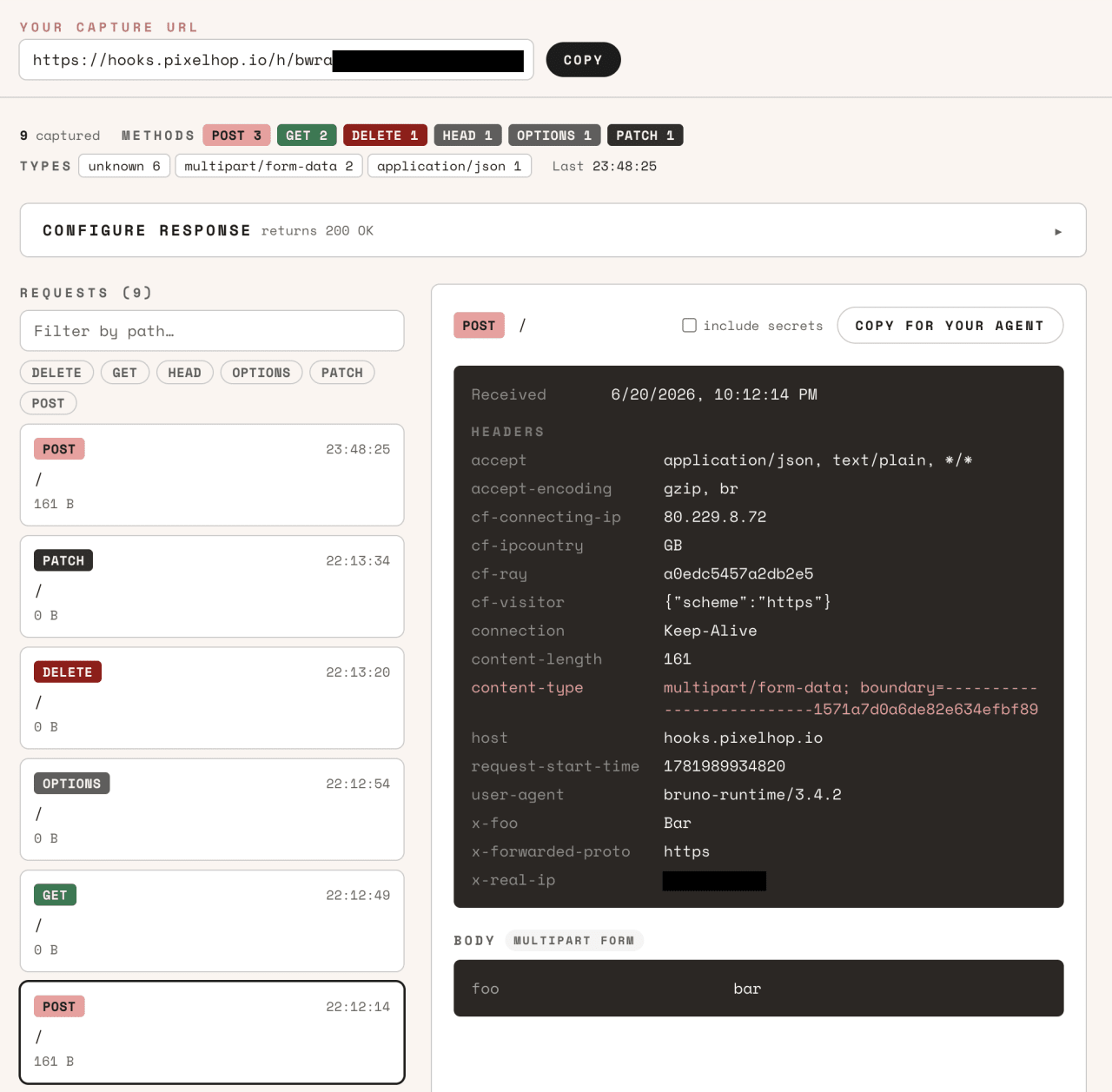 The Pixelhooks request inspector: captured requests down the left, full headers and body on the right, with Configure response and Copy for your agent along the top.