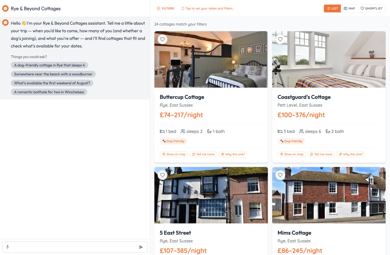 Agentic search in action: a conversational AI assistant on the left and a live, filterable catalogue on the right, on the Rye & Beyond holiday-lettings widget.
