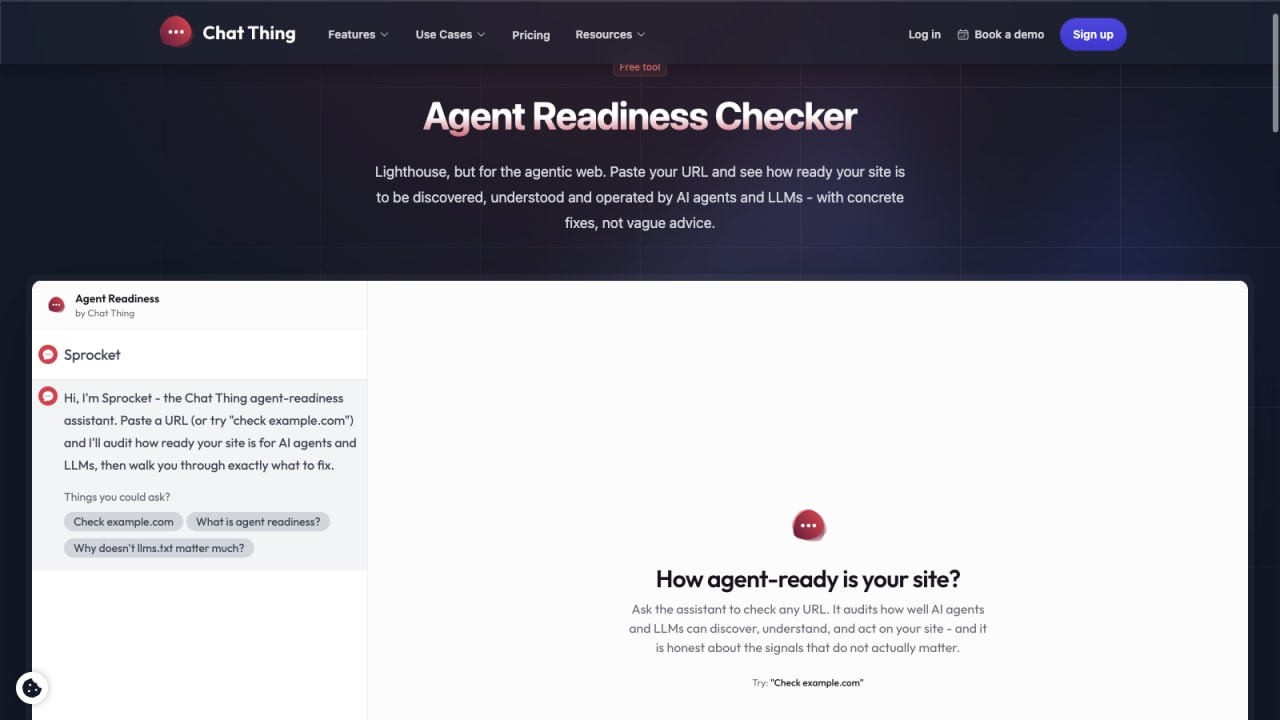 The Chat Thing Agent Readiness Checker, showing the public tool and its three-part readiness audit.