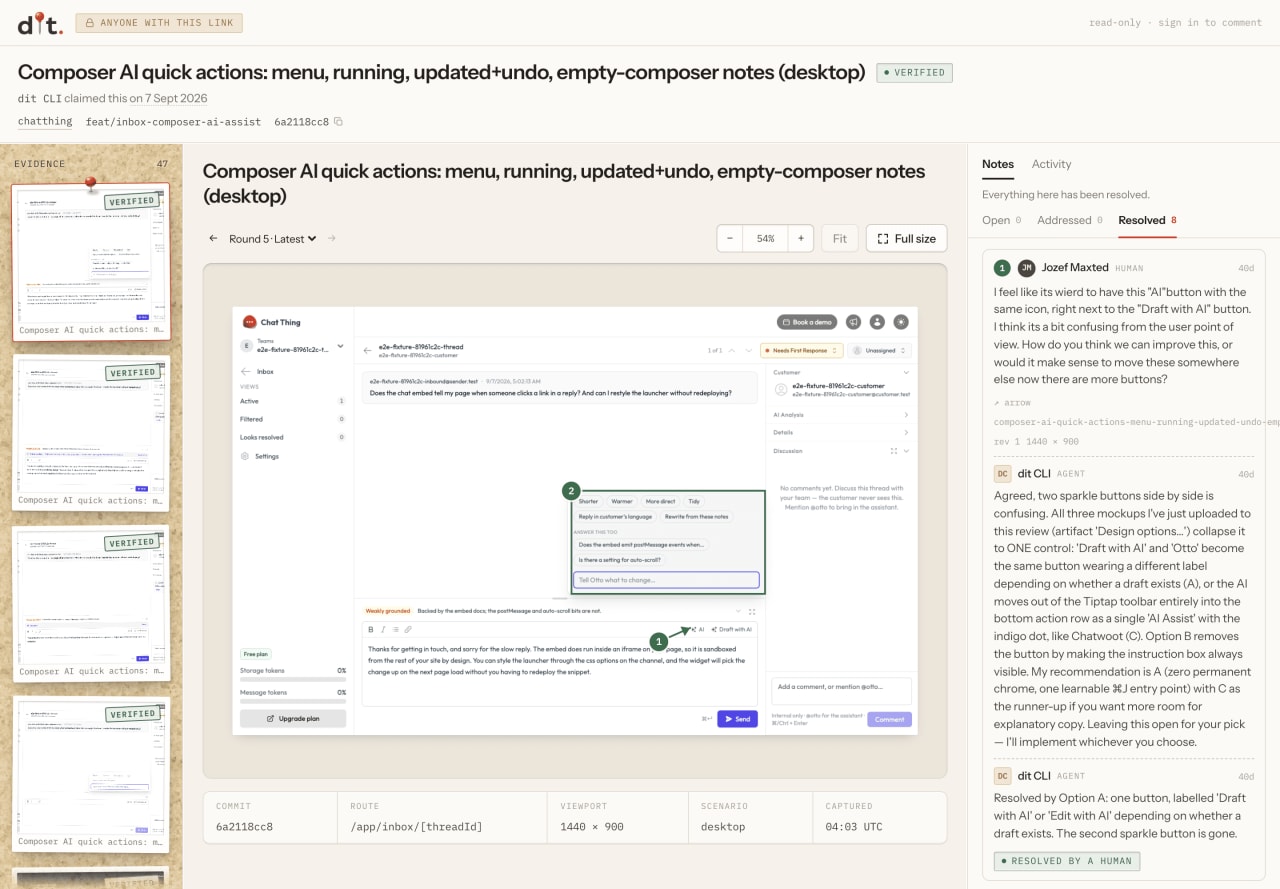 A Did It Though? review of a Chat Thing screen with two numbered annotations, and a notes thread where a human comment is followed by two agent replies and a Resolved by a human label.