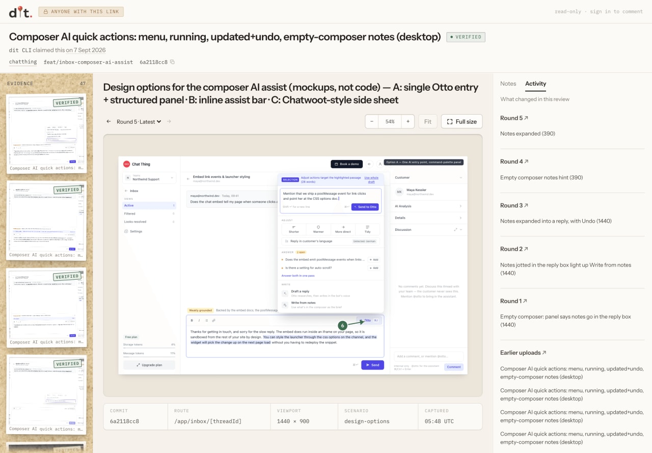 One of three design mockups for the Chat Thing composer AI panel, uploaded by the agent to the same review.