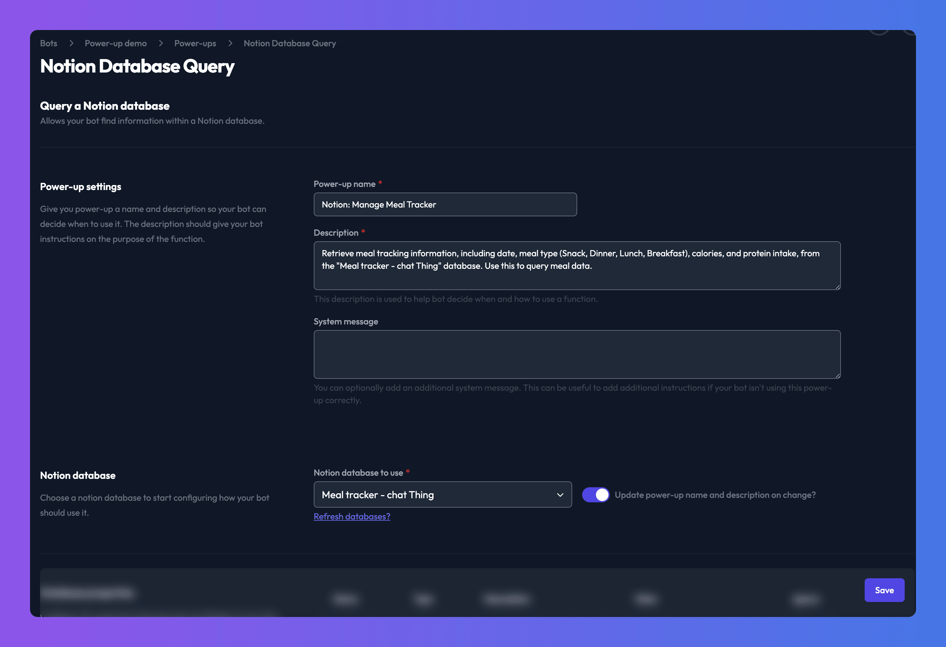 The Notion query database settings screen