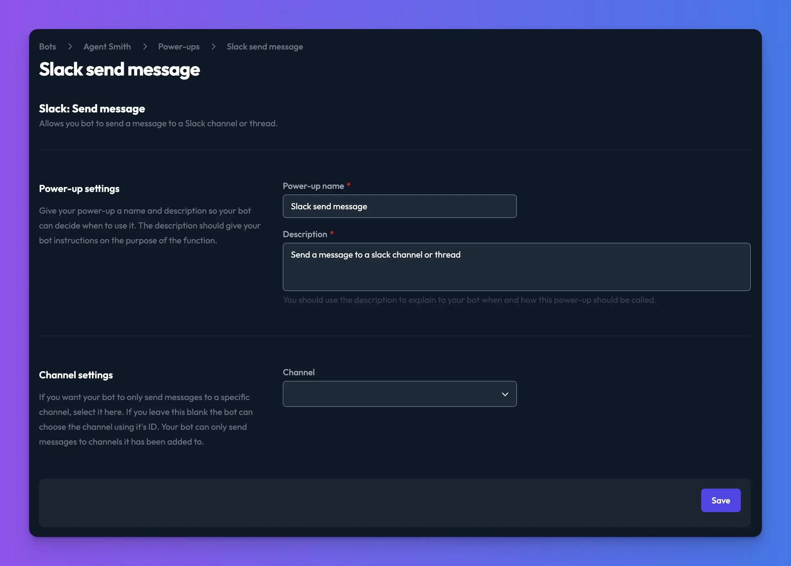 slack send message power-up settings