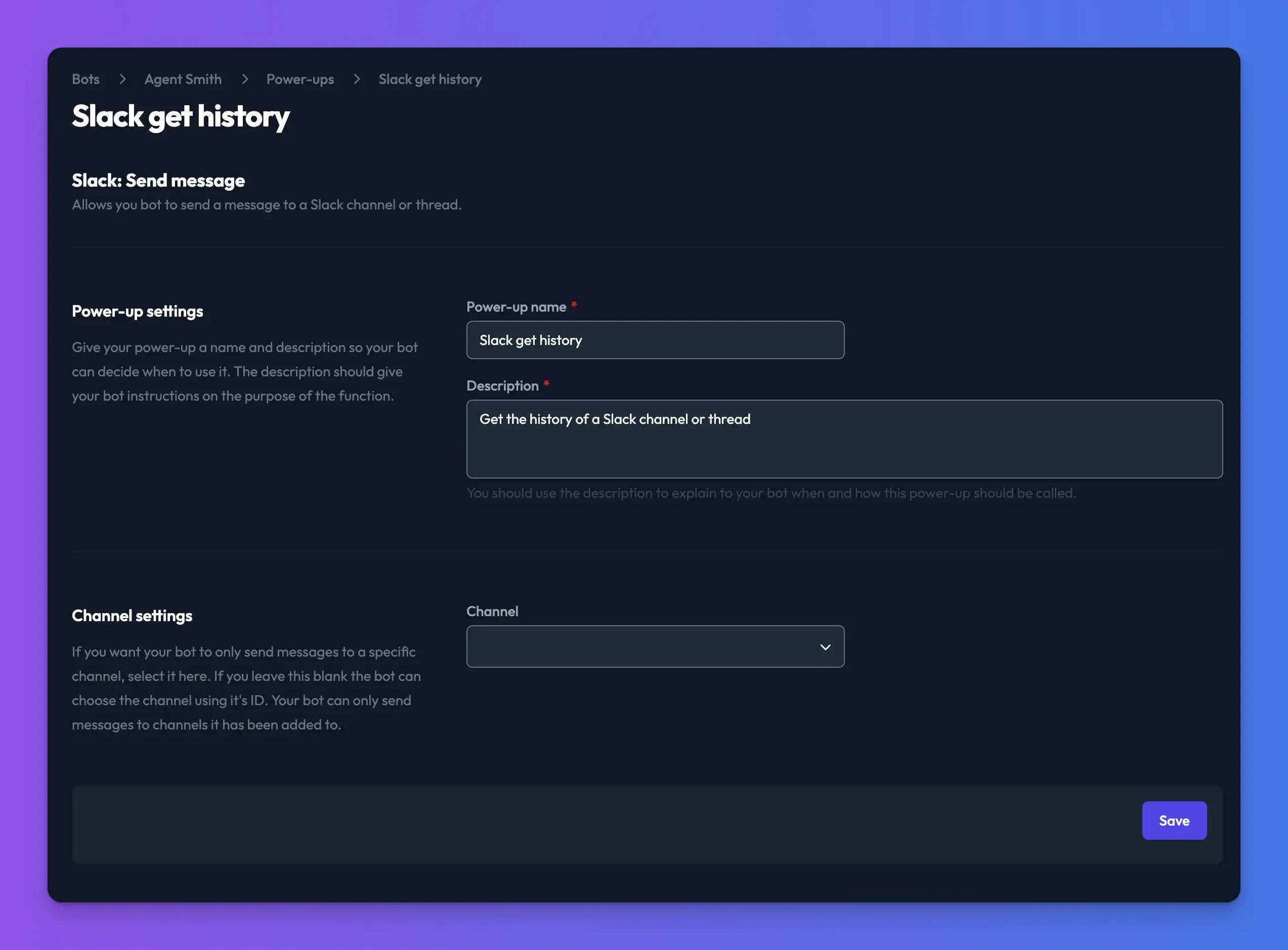 Slack get history power-up settings