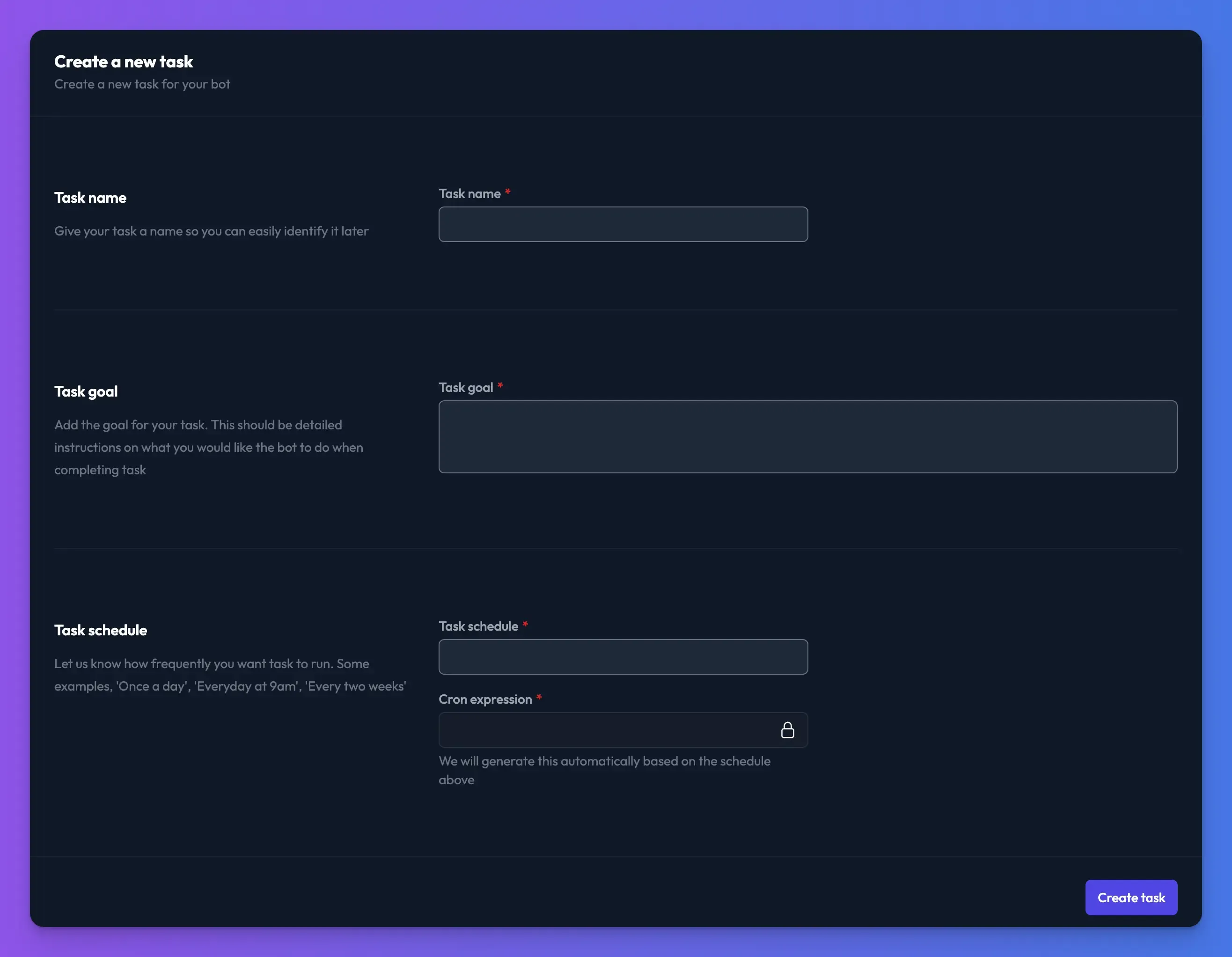 The tasks settings screen