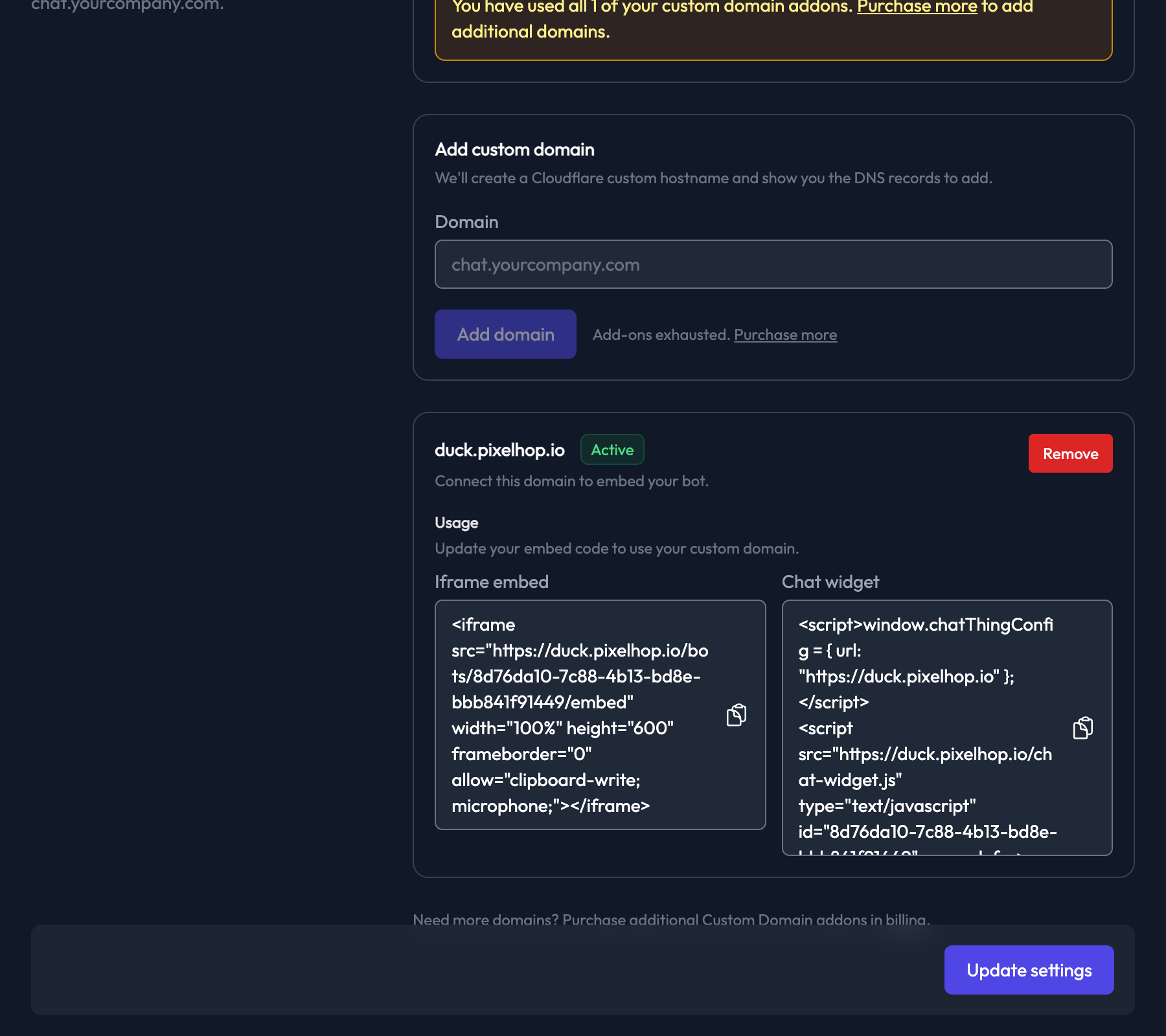 Custom domain active with embed code