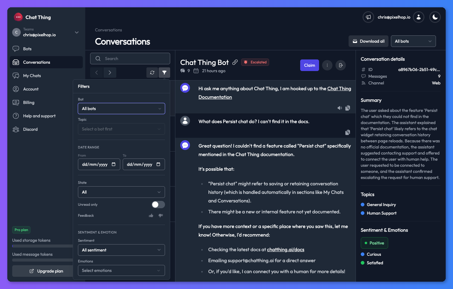 Conversations page with state filter dropdown open showing Escalated, Active, and Resolved options