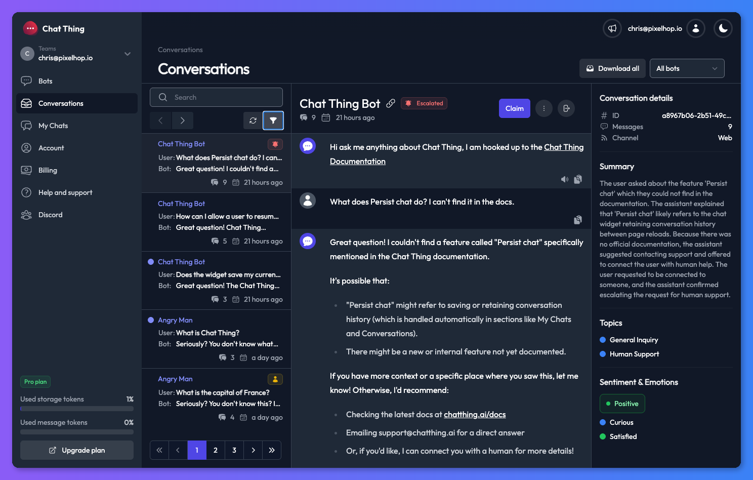 Escalated conversation selected with Claim button visible