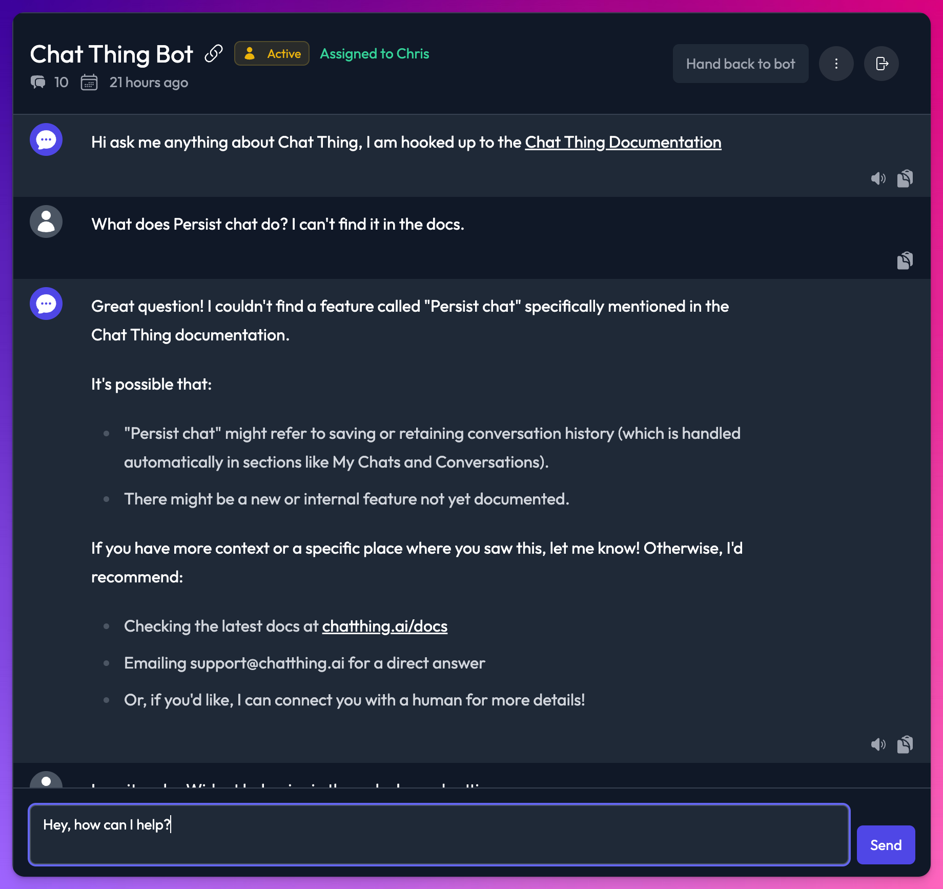 Active claimed conversation with agent message input at the bottom