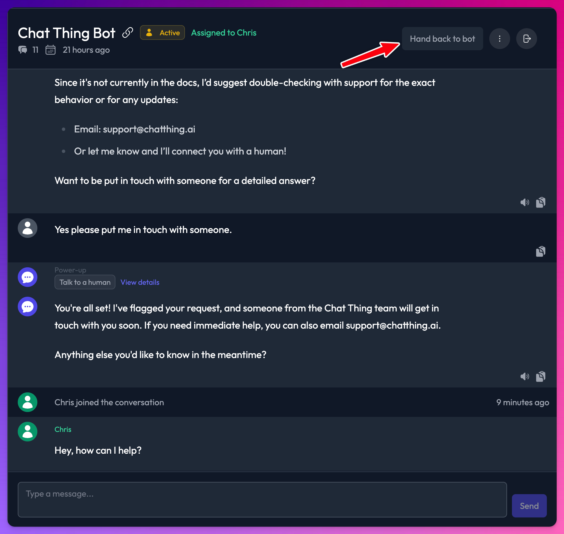 Active conversation with the hand back to bot button visible at the top