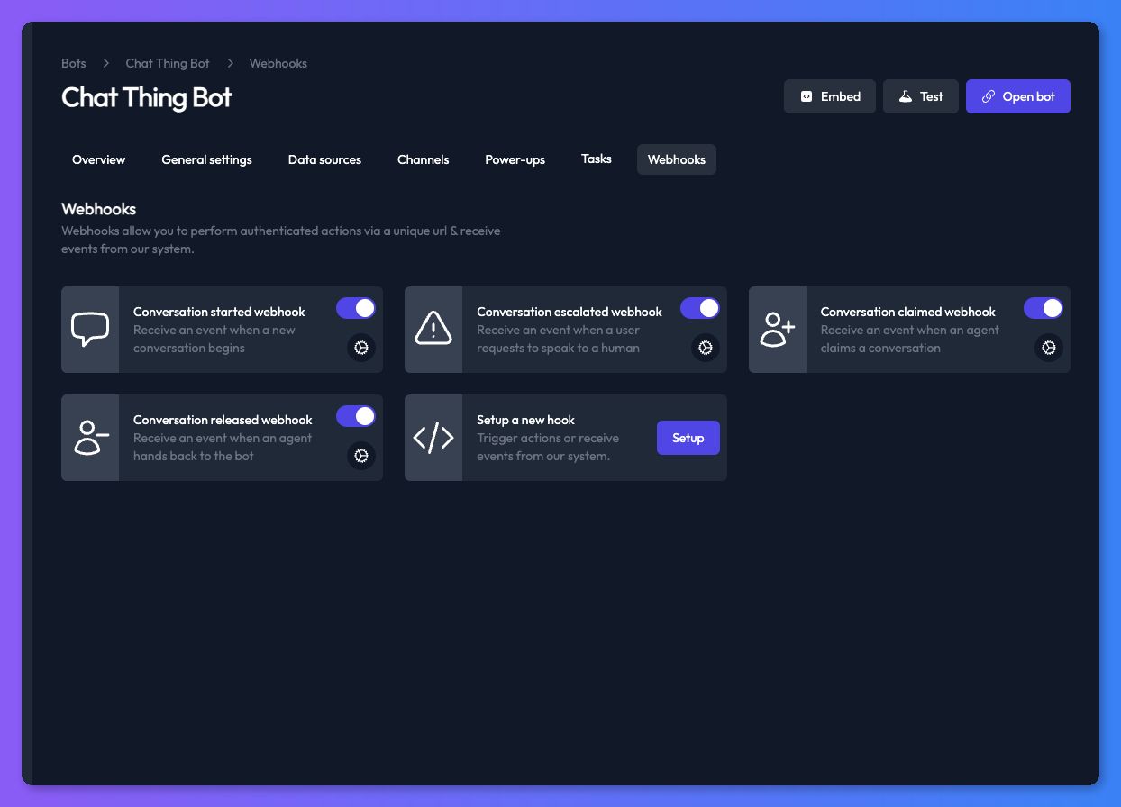 Webhooks tab showing conversation lifecycle webhook cards