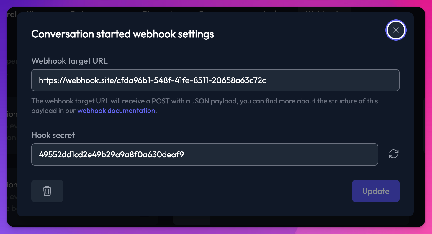 Conversation started webhook settings