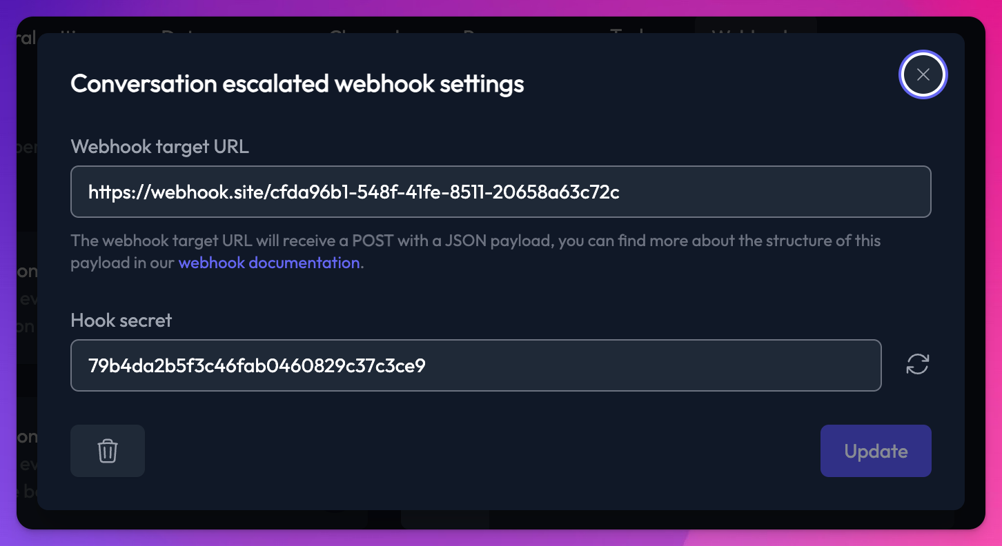 Conversation escalated webhook settings