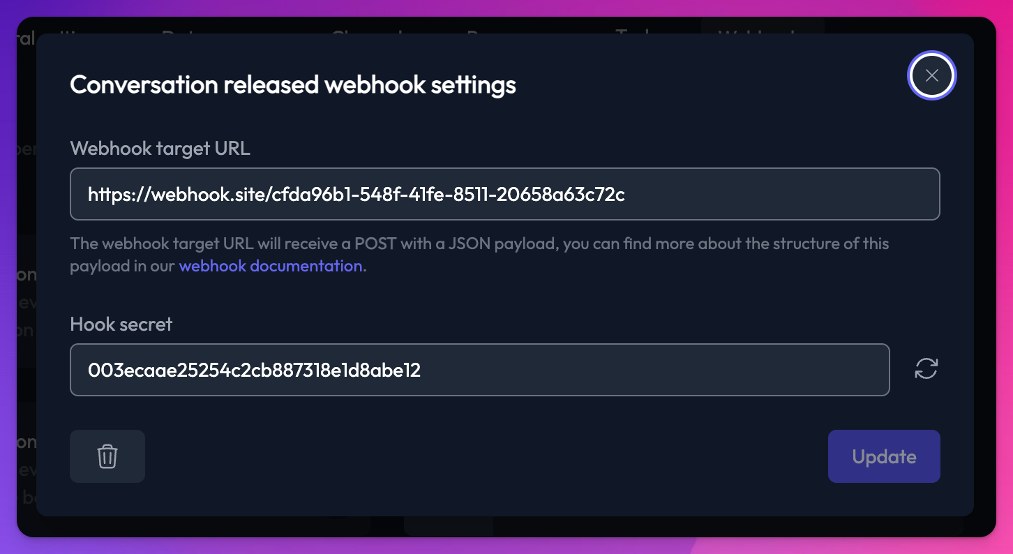 Conversation released webhook settings