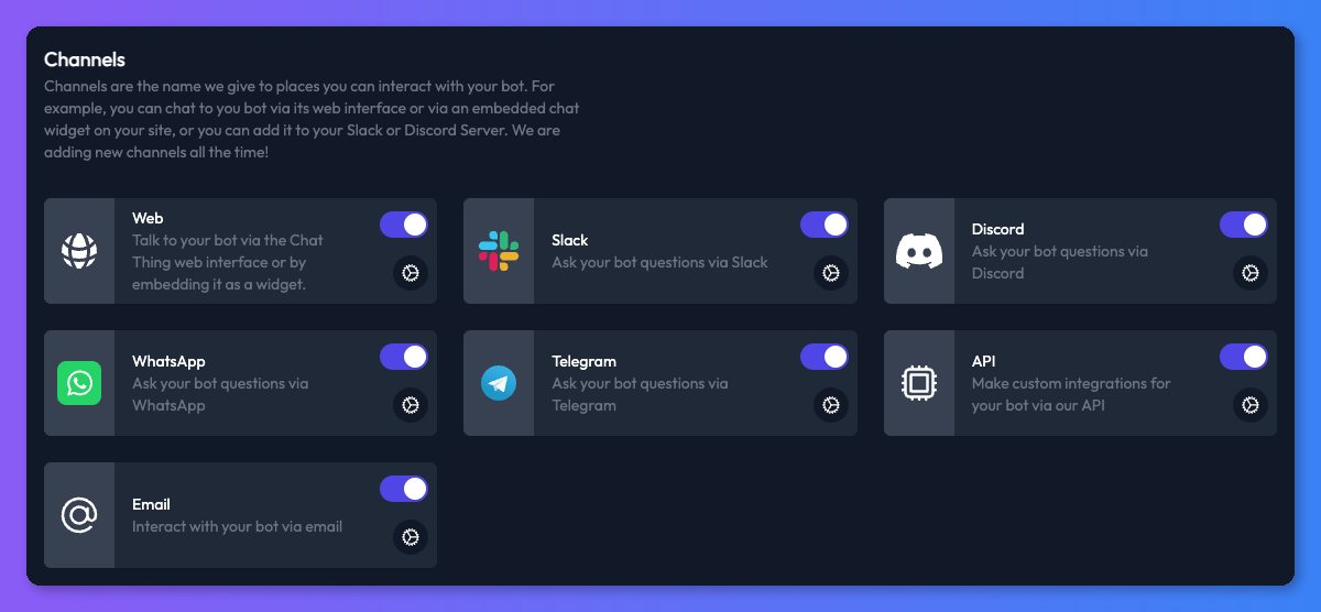 Channels tab showing the web channel card with settings icon