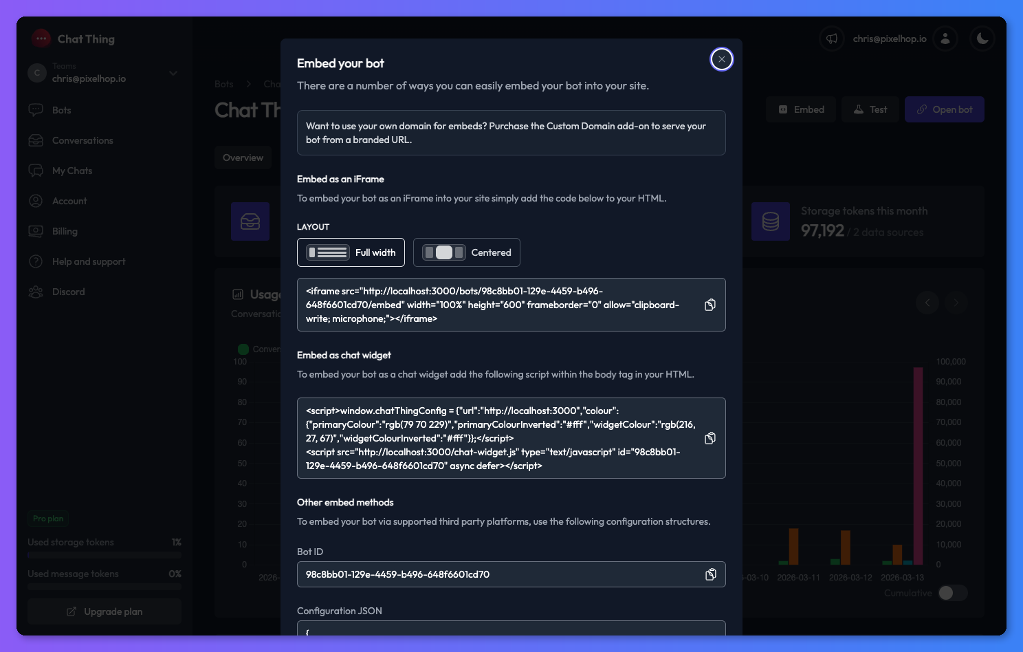 Embed dialog showing the iframe layout toggle