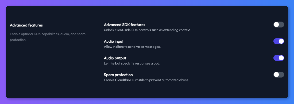 Advanced features settings showing Audio Input and Audio Output toggles