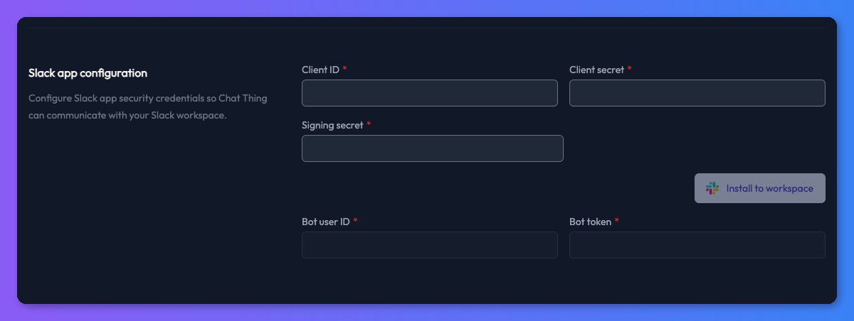 Slack app configuration credentials