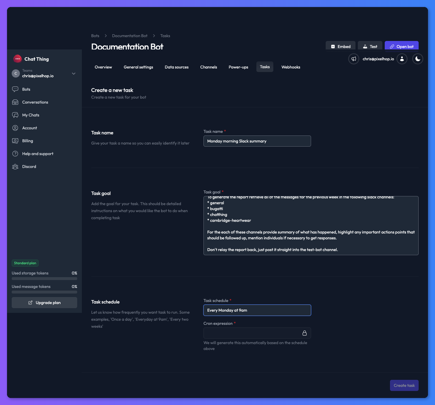 Monday morning Slack summary task configuration