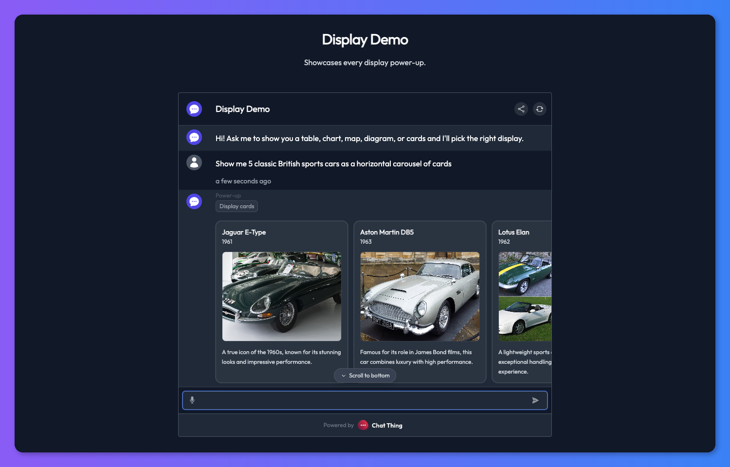 Example chat showing a horizontal carousel of cards rendered from the Display Cards power-up