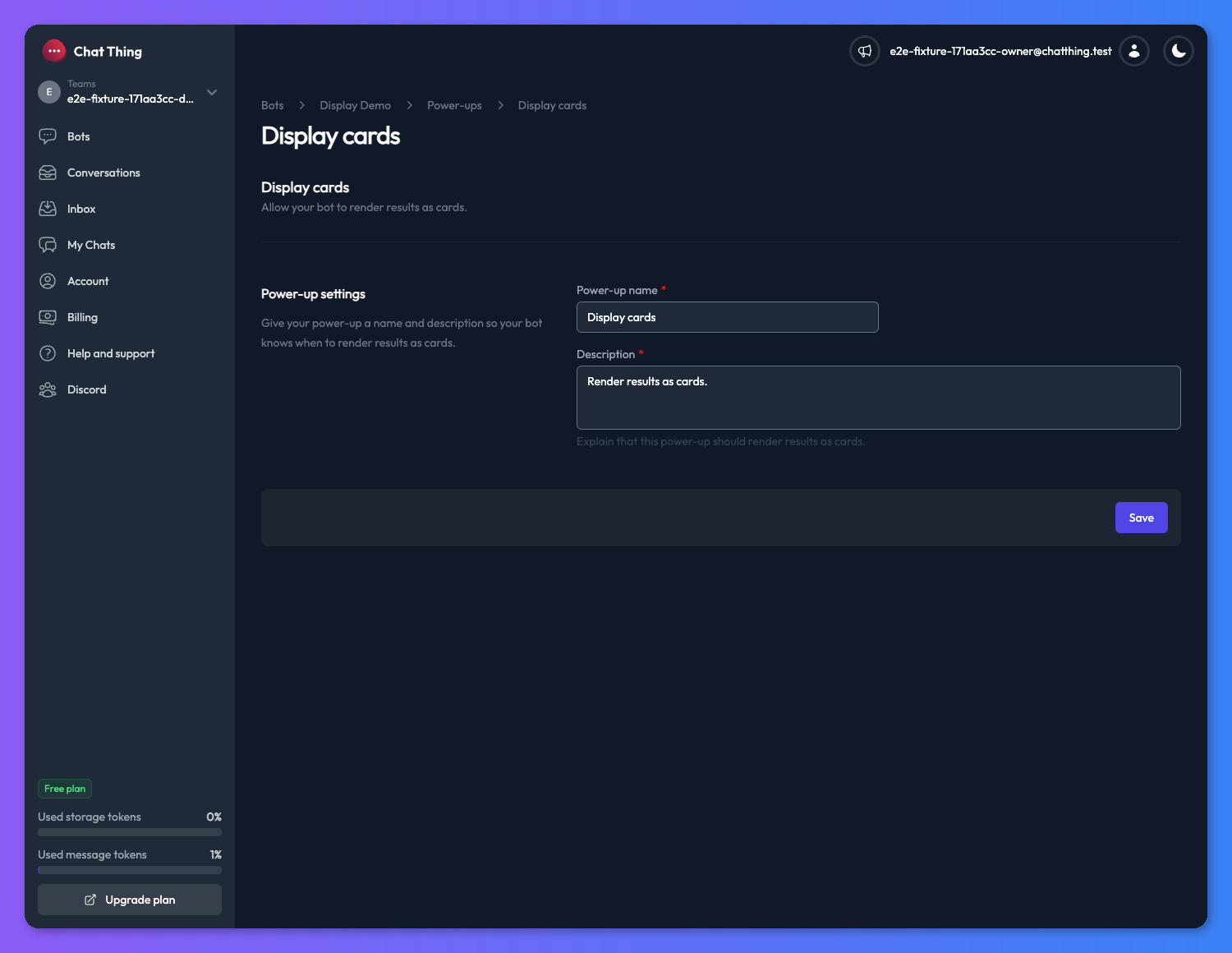 Display Cards power-up settings page with name and description filled in