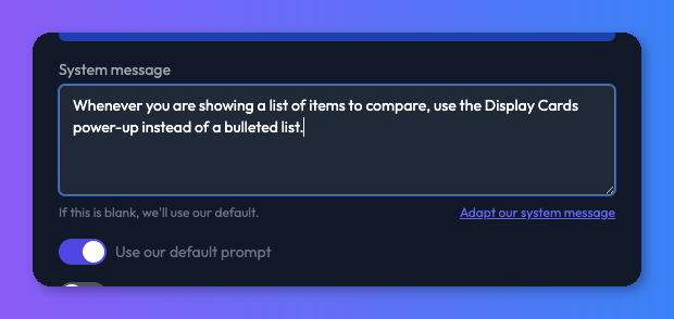Example system prompt snippet guiding the bot to use Display Cards