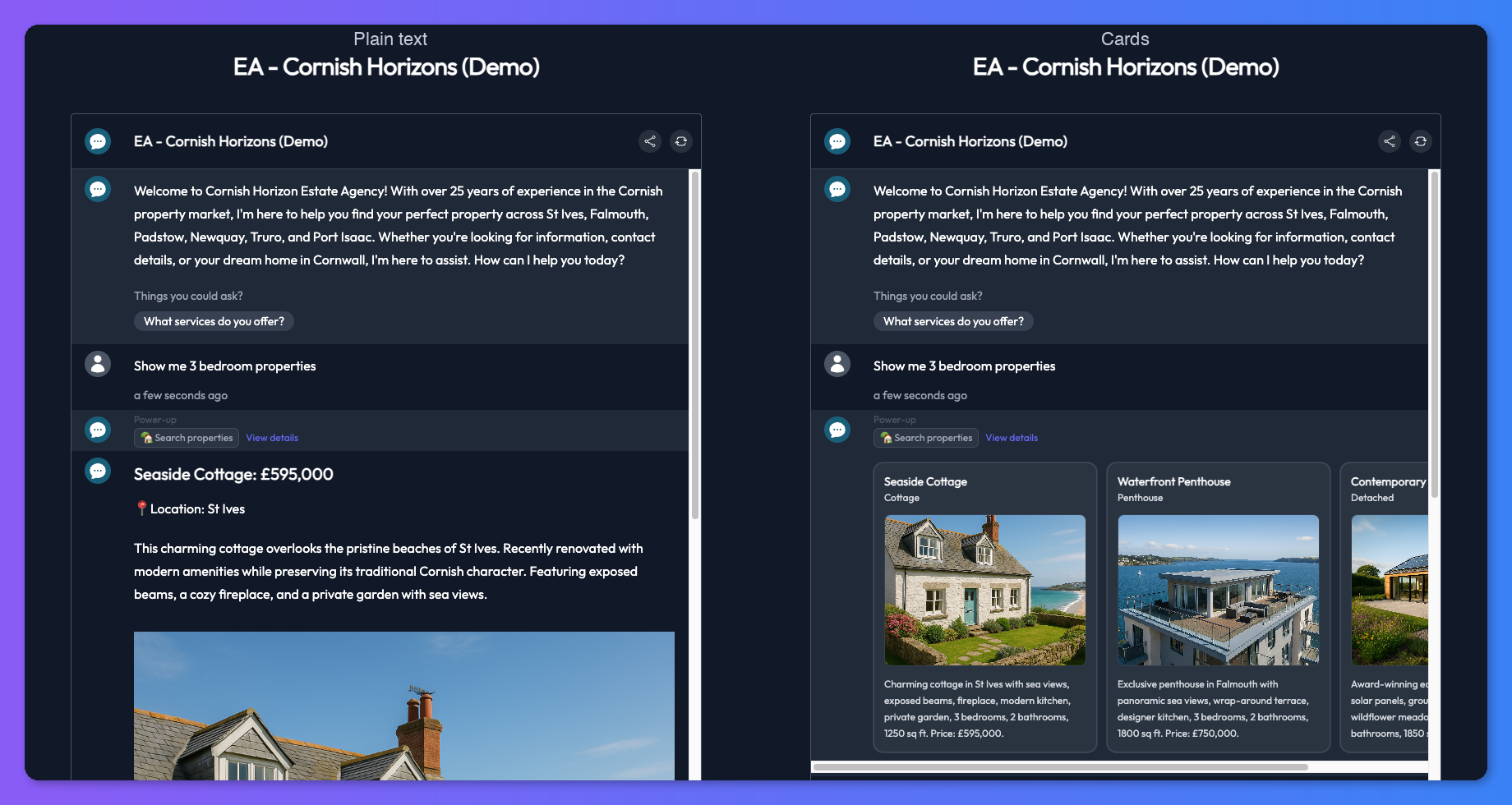 Comparison showing the same API response rendered as plain text and as cards